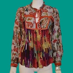 CONDITIONS APPLY Atomic Rainbow Candy Striped Ruffle Split Neck Bow Tie Top